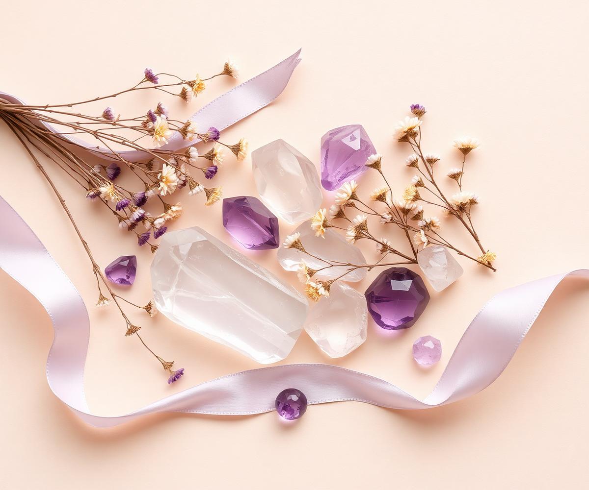 Quartz and amethyst crystals with dried flowers and a silk ribbon