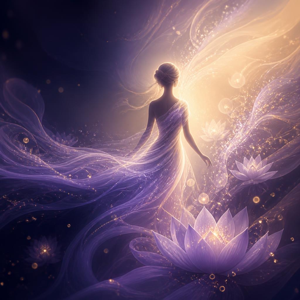 A figure surrounded by lavender light and golden energy, representing personal growth and transformation