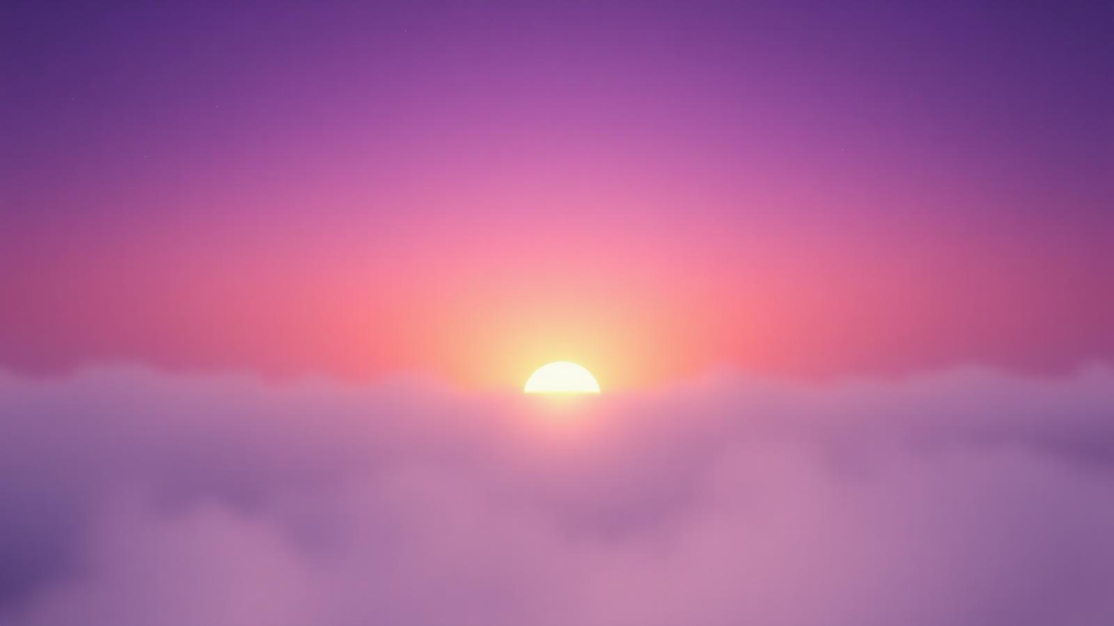 Soft golden sunrise light over calm lavender mist